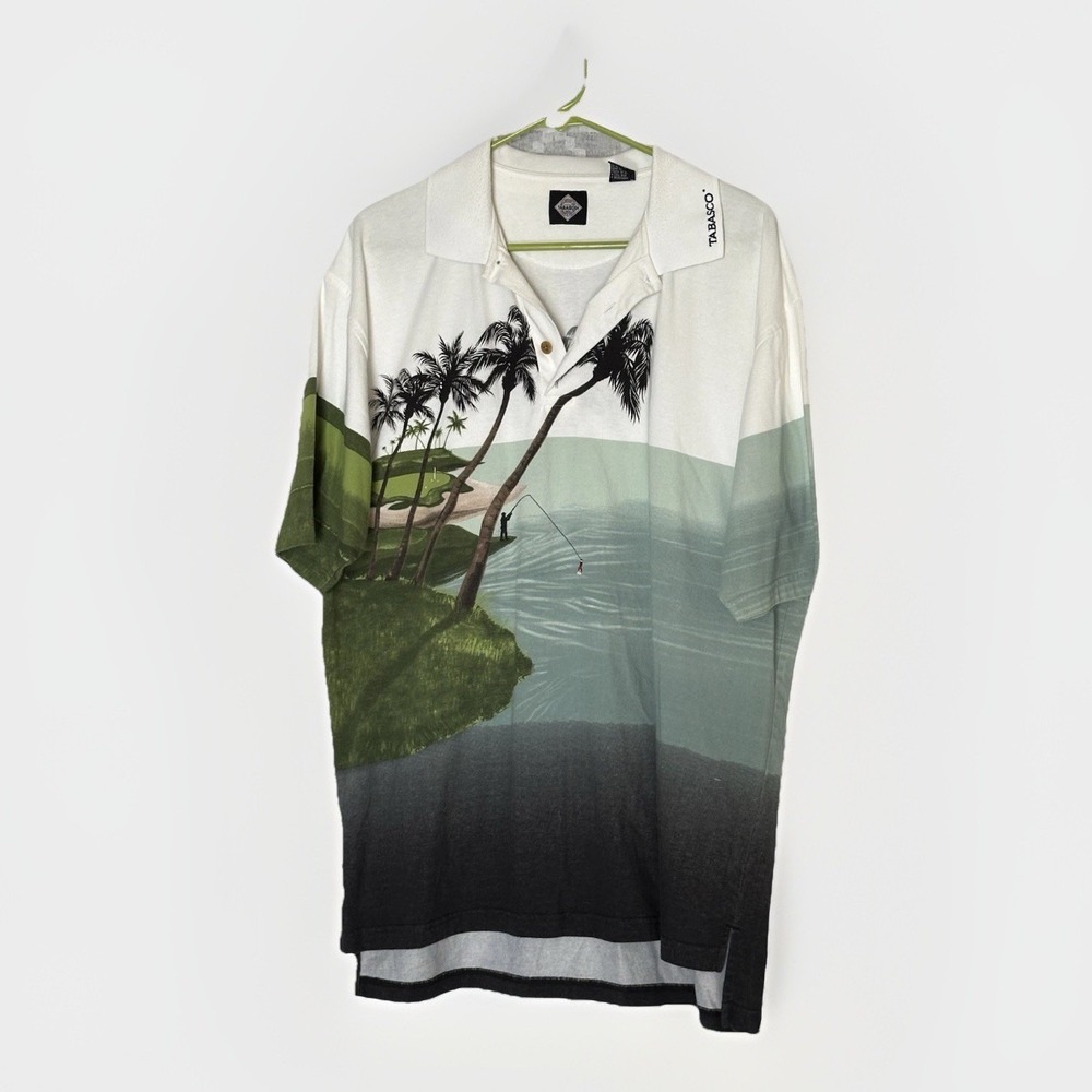 Tabasco‎ All-Over Print Golf Course Scene Polo Vintage 90s White Green Large